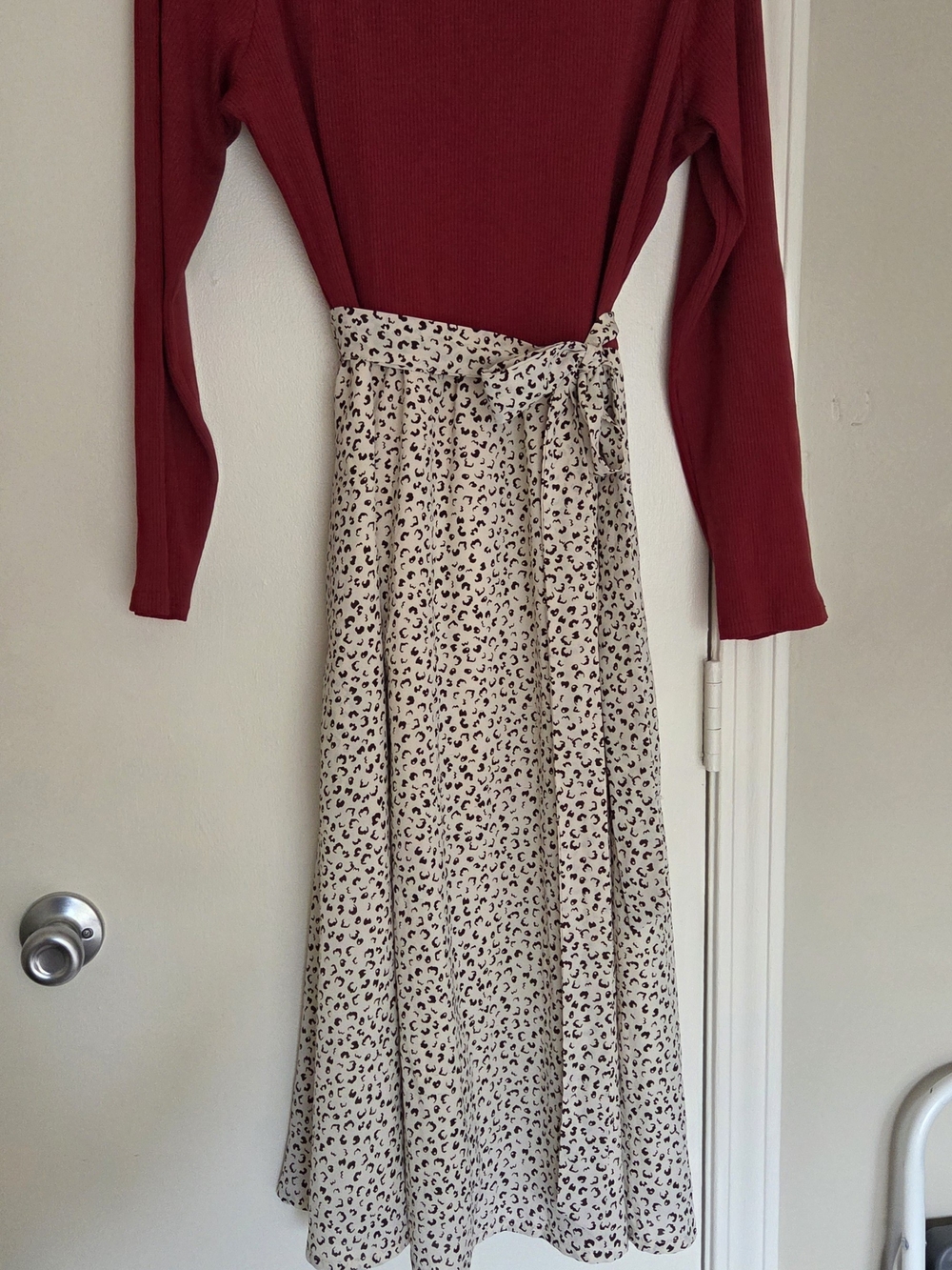 Red Ribbed Top with Cream Leopard-Print Maxi Skirt